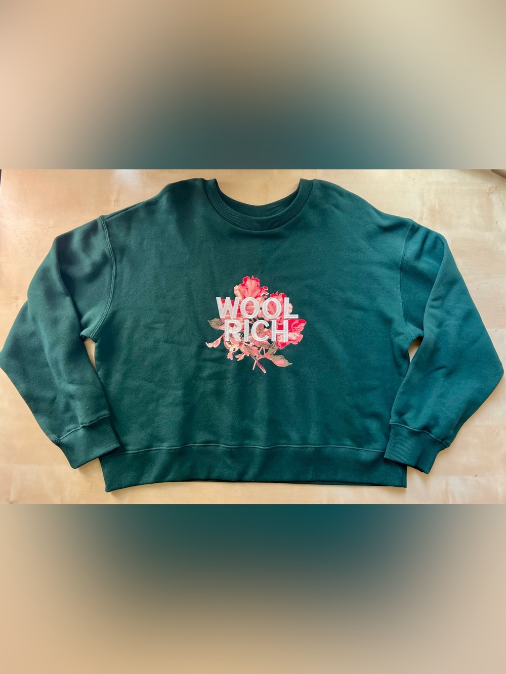 Woolrich Dark Green Crewneck Sweatshirt with Pink Floral Detail Embroidered Logo